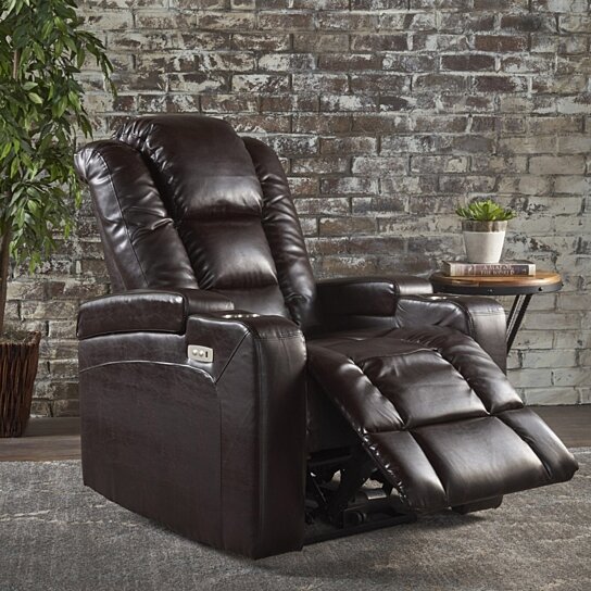 Everette Tufted Brown Leather Power Recliner with Arm Storage an